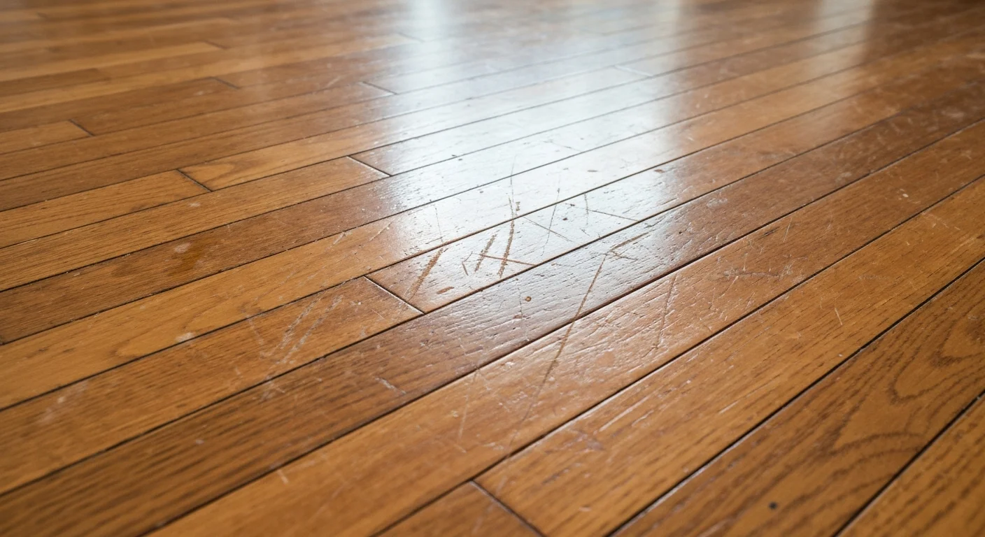 Before: scratched worn hardwood floors in Elkhorn home