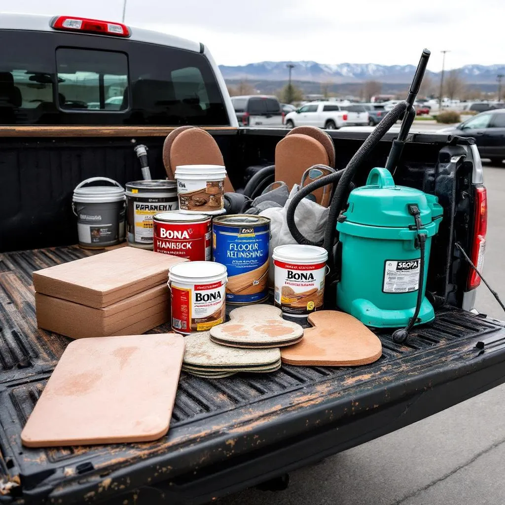 Elkhorn Hardwood Elkhorn craftsman workshop with stain cans and refinishing tools