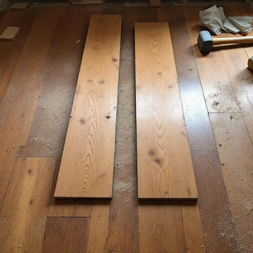 Hardwood floor board replacement and repair in progress in Elkhorn