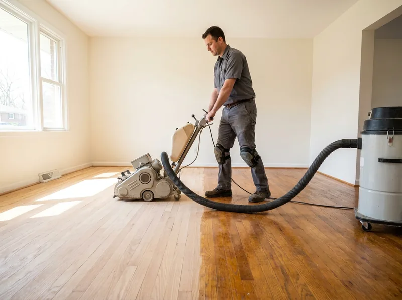 Drum sander connected by a hose to a dust extraction vacuum on a half-sanded red oak floor