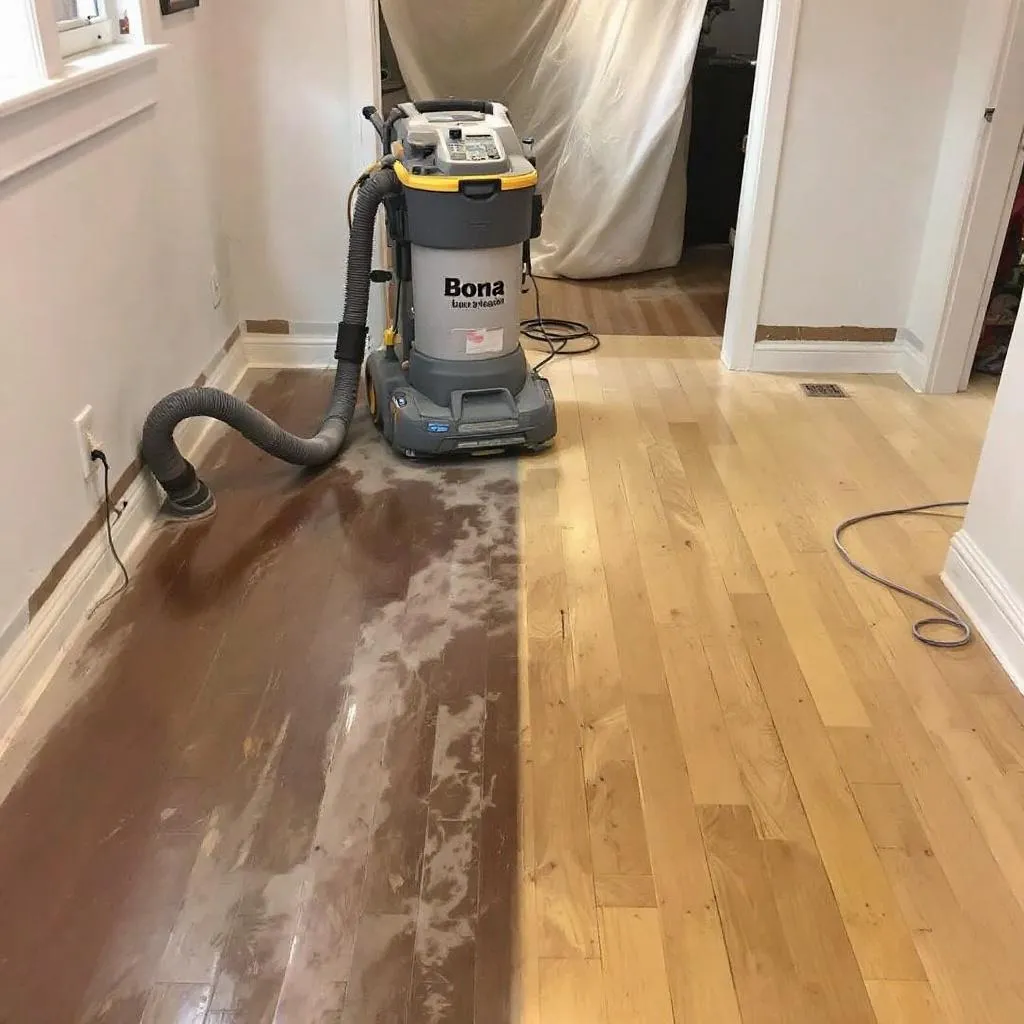 Dustless hardwood floor sanding equipment in use at a Elkhorn home