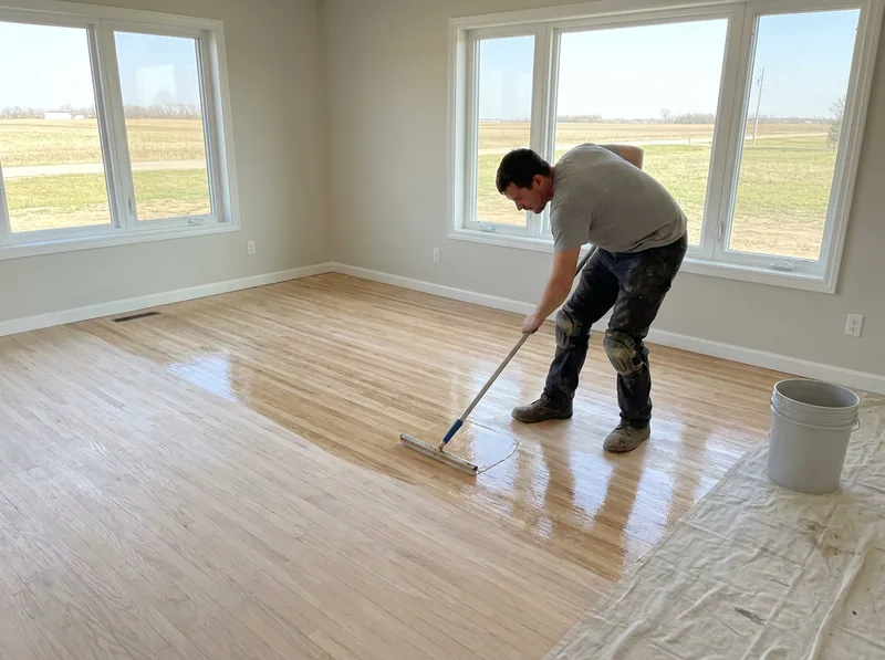 Clear finish coat being spread with a T-bar applicator on a freshly sanded red oak floor