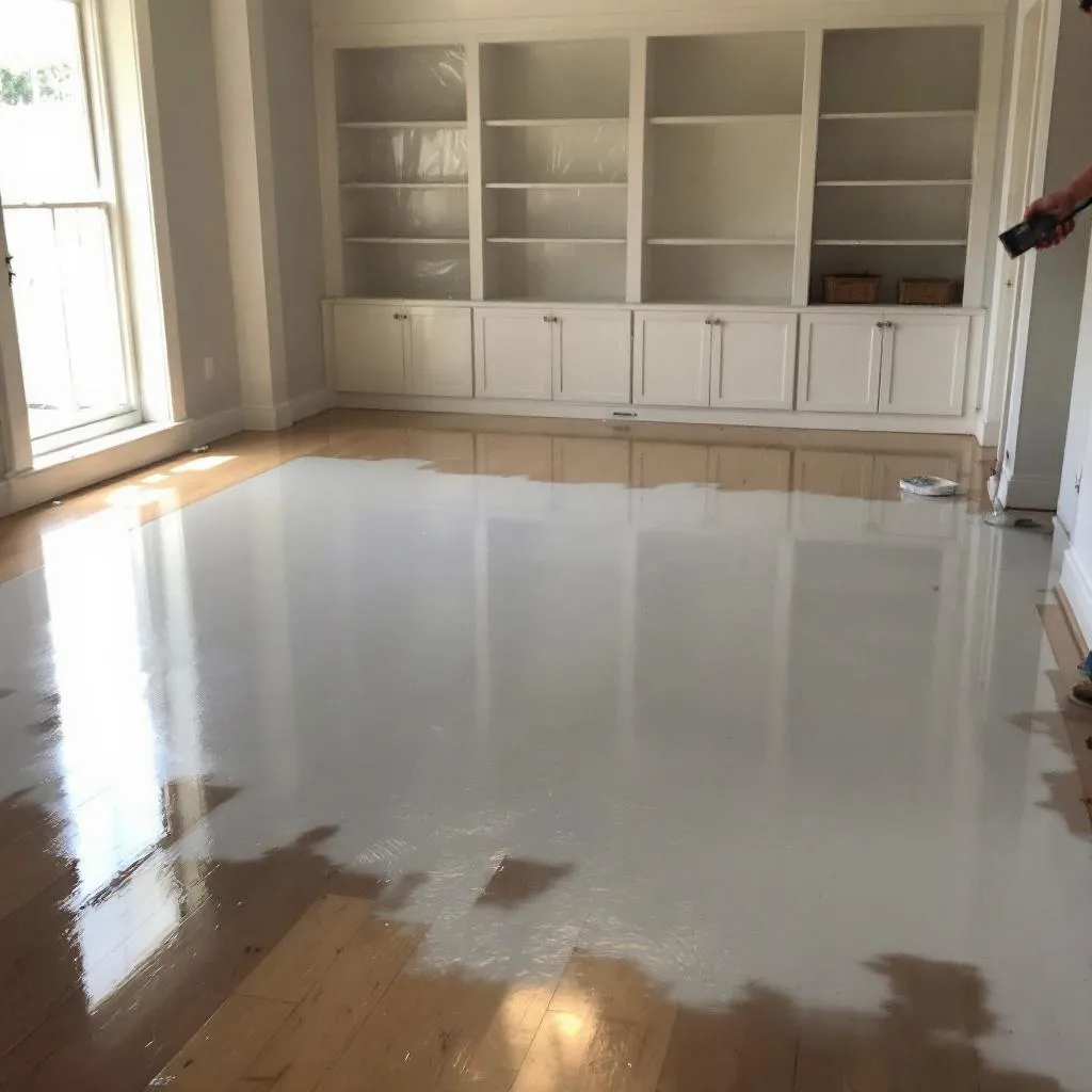 Polyurethane finish coat being applied to hardwood floors in Elkhorn