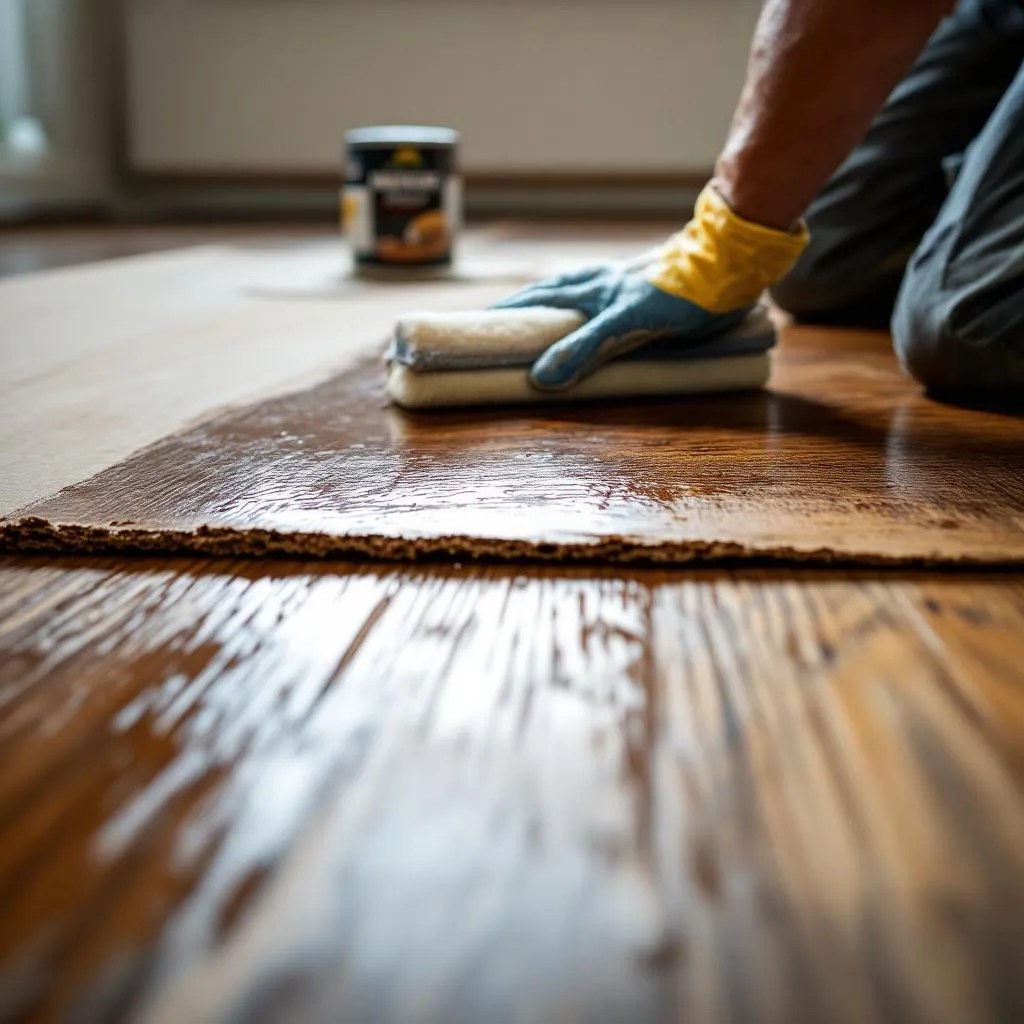 Elkhorn Hardwood craftsman applying stain to hardwood floors in Elkhorn WI